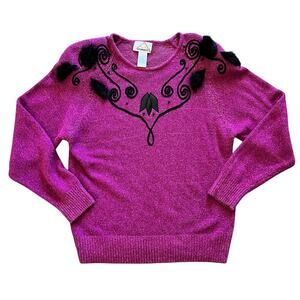 Magenta Pink‎ Black Cardigan Sweater with Furry Embellishment